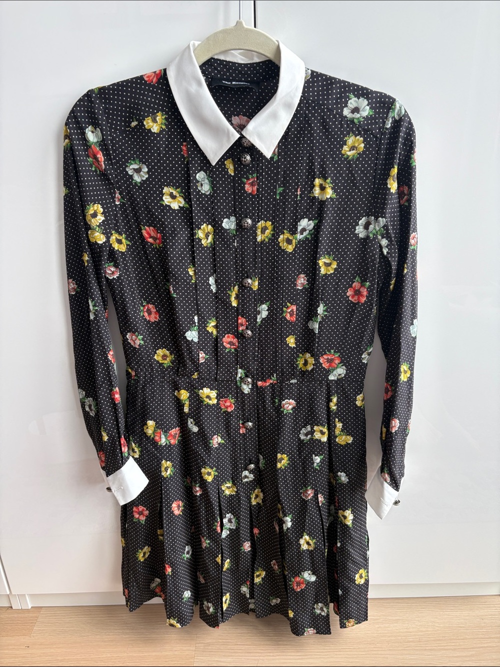 The Kooples 100% Silk Black Polka Dot Floral Dress with White Collar Sz  XS